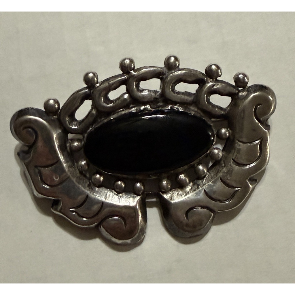 Mexican Sterling Silver Oval Onyx Brooch 925 Black Stone